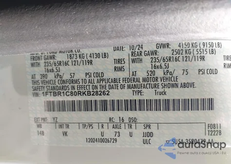 2024 Ford Transit-250 из США, поврежденный, VIN 1FTBR1C80RKB28262